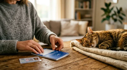 Propriétaire préparant les documents de prévoyance pour son animal de compagnie