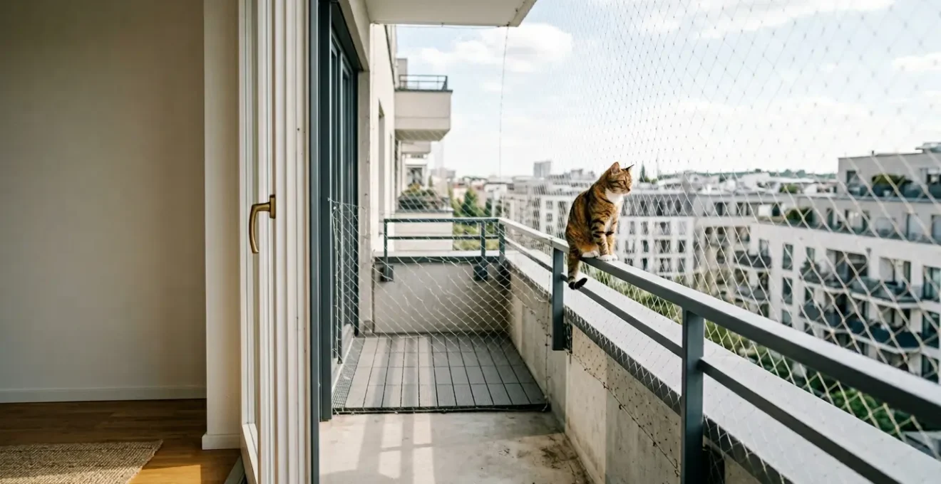 Installation sécurisée d'un balcon pour chat avec filet de protection sans perçage en copropriété