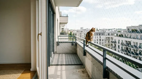 Installation sécurisée d'un balcon pour chat avec filet de protection sans perçage en copropriété
