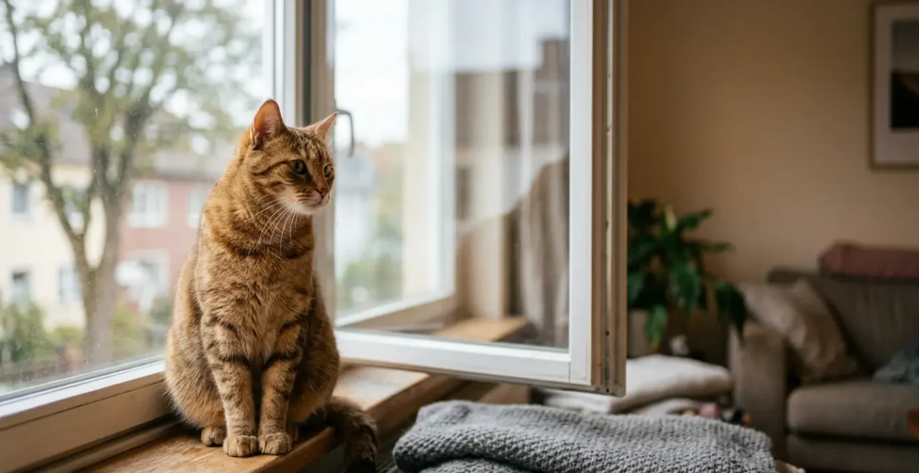 Chat domestique observant l'exterieur depuis l'interieur d'un appartement