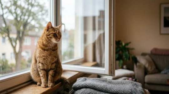 Chat domestique observant l'exterieur depuis l'interieur d'un appartement