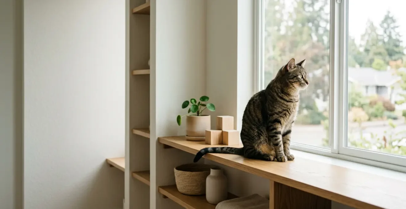 Chat d'intérieur en bonne santé observant depuis un perchoir en hauteur dans un appartement moderne