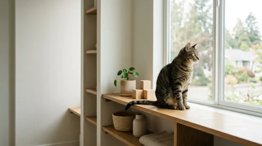 Chat d'intérieur en bonne santé observant depuis un perchoir en hauteur dans un appartement moderne