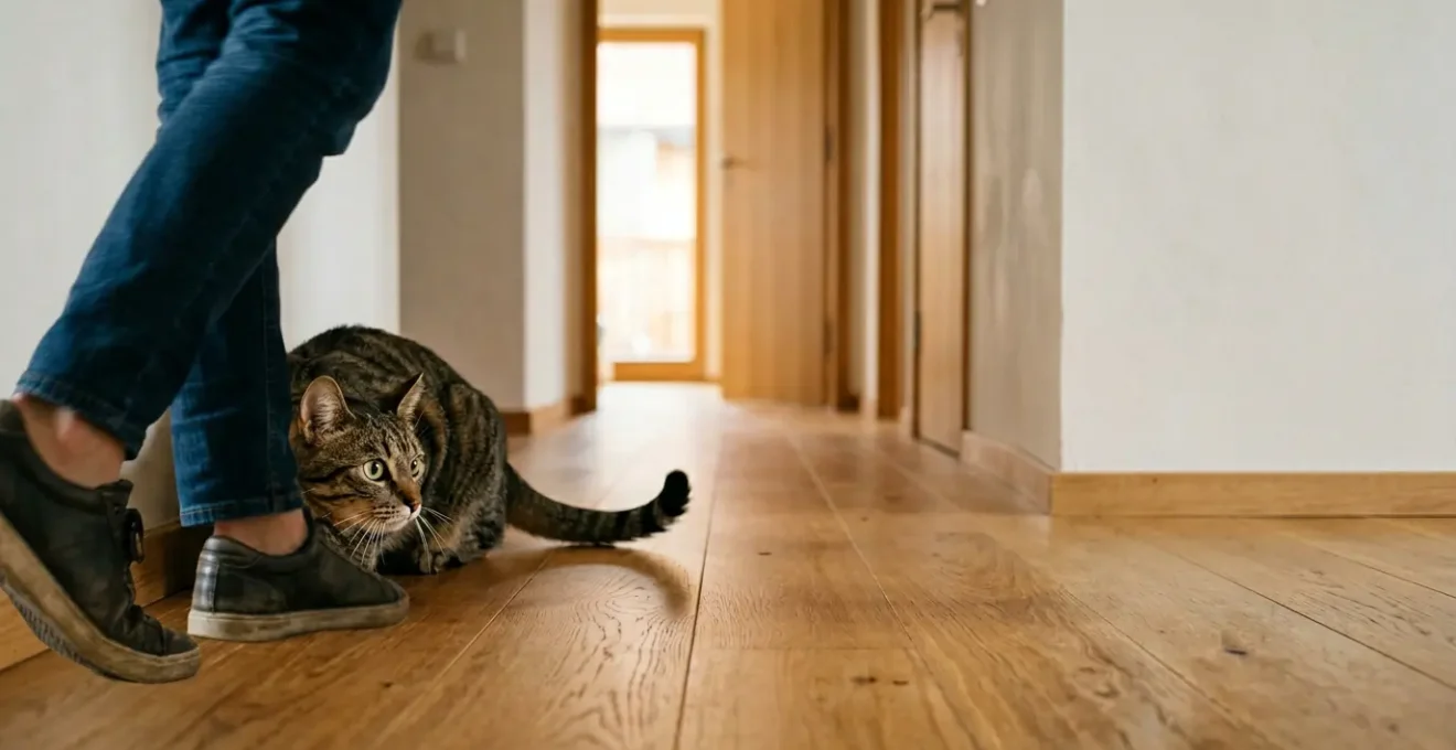 Chat domestique en position de chasse observant des chevilles humaines dans une entrée de maison