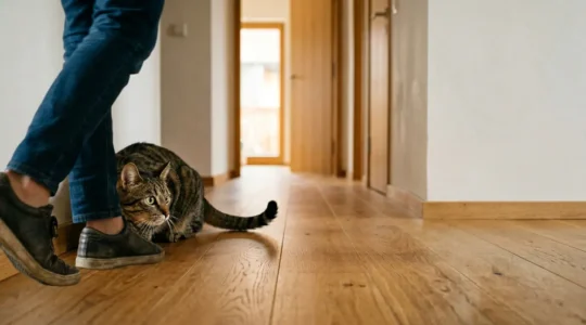 Chat domestique en position de chasse observant des chevilles humaines dans une entrée de maison