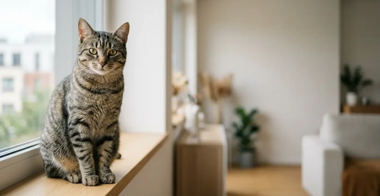 Chat européen tigré gris installé confortablement dans un intérieur moderne et lumineux, symbolisant la vie d'un chat d'appartement