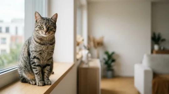 Chat européen tigré gris installé confortablement dans un intérieur moderne et lumineux, symbolisant la vie d'un chat d'appartement