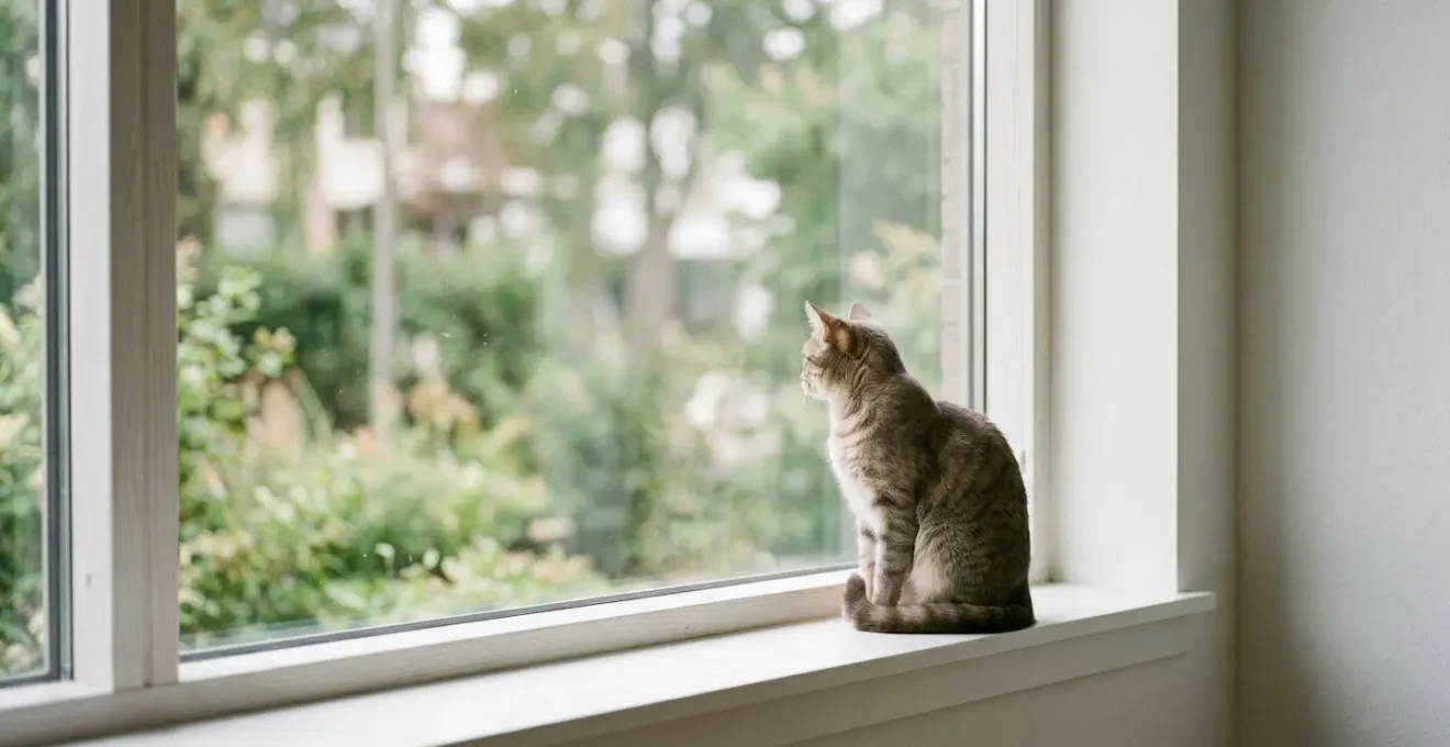 Chat d'intérieur assis près d'une fenêtre observant l'extérieur, symbolisant les différents profils de risque parasitaire