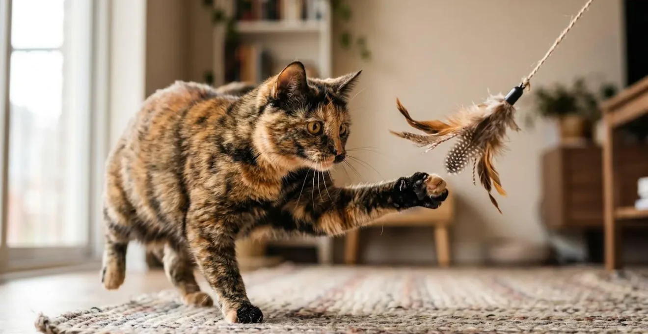 Chat en pleine action de jeu avec jouet interactif, saisissant une proie simulée en mouvement dynamique