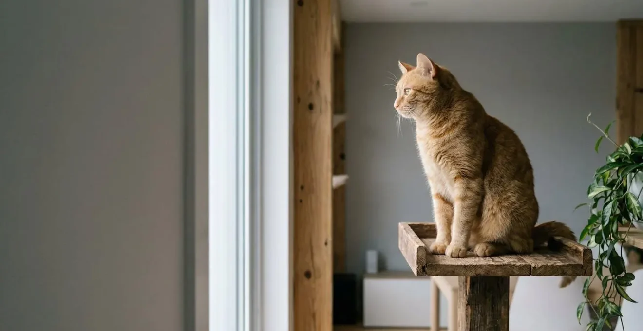 Chat domestique observant son environnement depuis un perchoir en hauteur dans un intérieur moderne