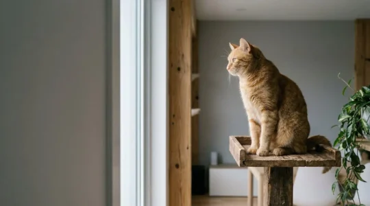 Chat domestique observant son environnement depuis un perchoir en hauteur dans un intérieur moderne