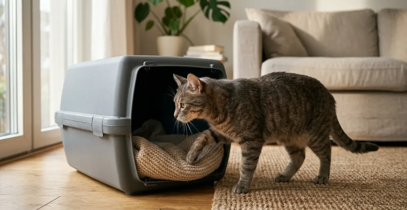 Chat détendu explorant volontairement sa caisse de transport dans un environnement familier et rassurant