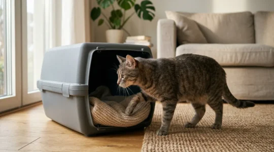 Chat détendu explorant volontairement sa caisse de transport dans un environnement familier et rassurant