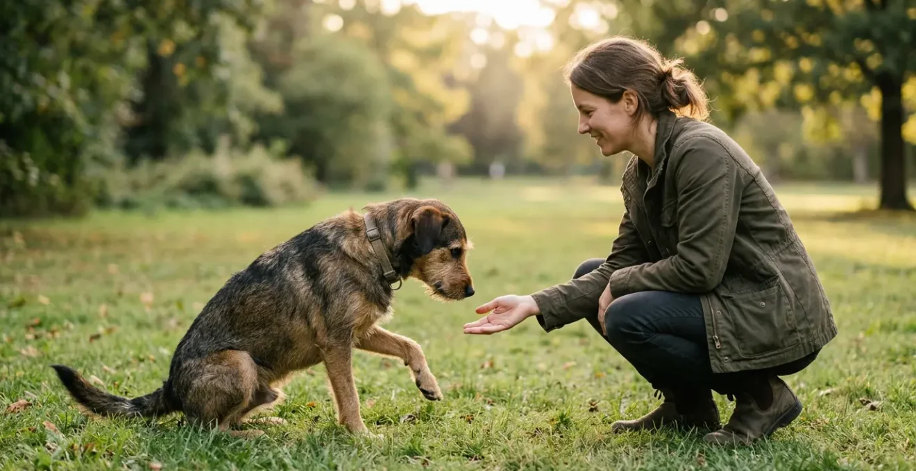 Chien adulte craintif en phase de socialisation progressive avec éducateur canin bienveillant