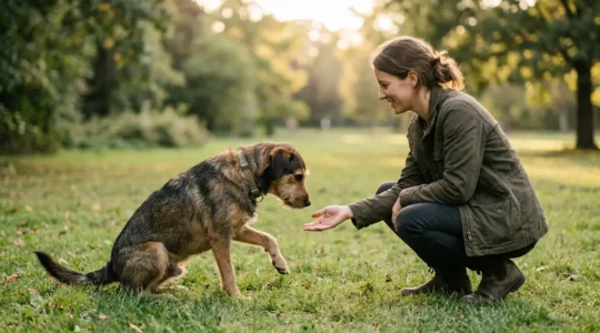 Chien adulte craintif en phase de socialisation progressive avec éducateur canin bienveillant