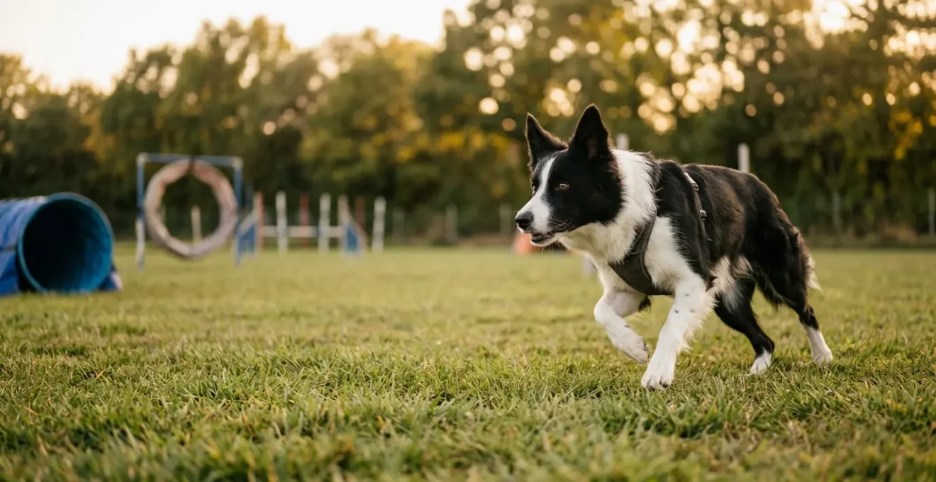 Chien de sport franchissant un obstacle d'agility dans un environnement contrôlé et sécurisé