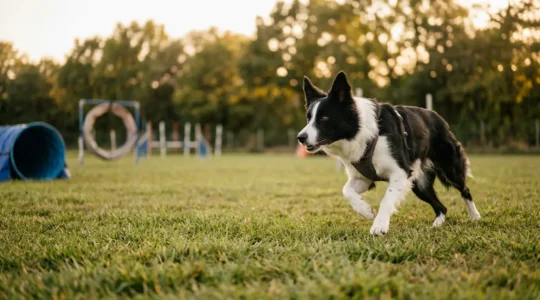 Chien de sport franchissant un obstacle d'agility dans un environnement contrôlé et sécurisé