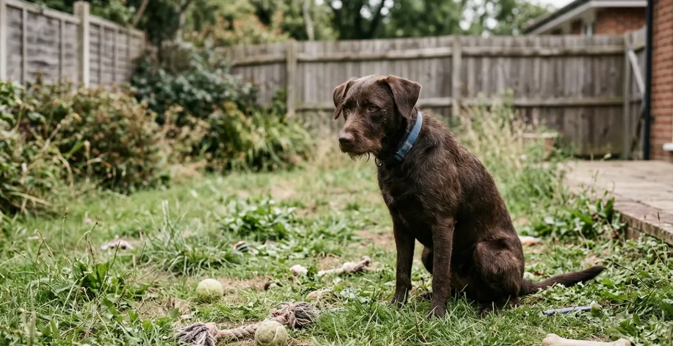 Chien de race moyenne assis seul dans un jardin clôturé avec une expression inquiète et mélancolique