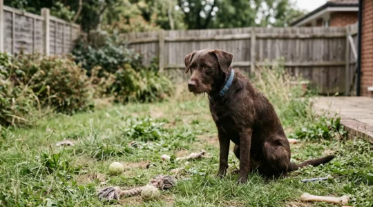 Chien de race moyenne assis seul dans un jardin clôturé avec une expression inquiète et mélancolique