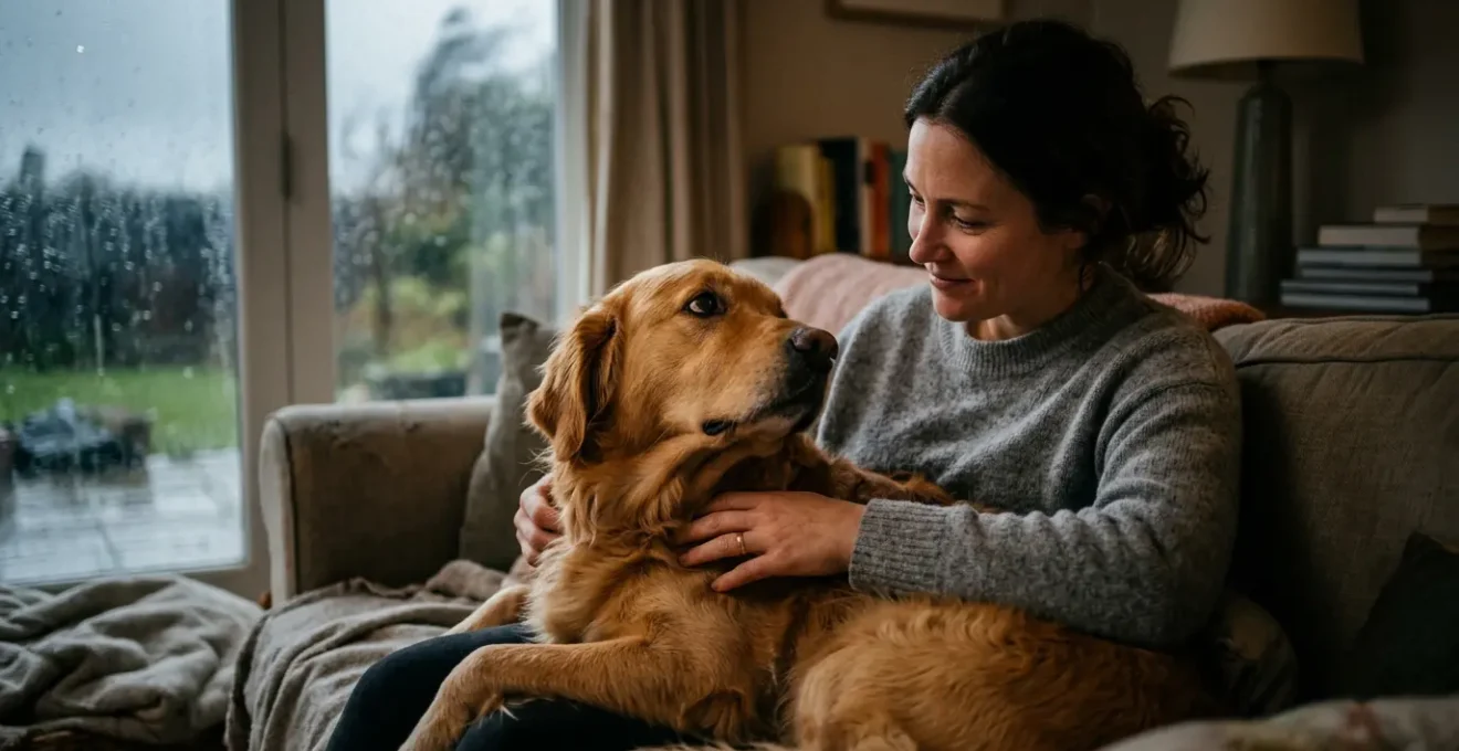 Chien anxieux réconforté par son propriétaire pendant un orage