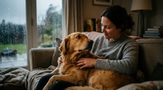Chien anxieux réconforté par son propriétaire pendant un orage