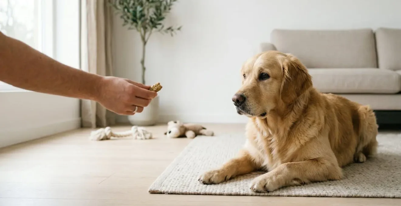 Chien apprenant le calme et la maitrise de soi avec son maitre