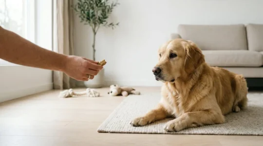 Chien apprenant le calme et la maitrise de soi avec son maitre