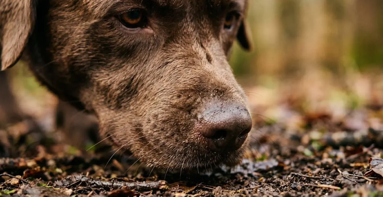 Gros plan sur la truffe et les yeux d'un chien en pleine concentration lors d'une activite de flair ou de fouille