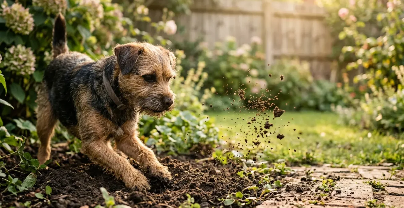 Chien fouillant activement la terre d'un jardin en quete de fraicheur ou par instinct de predation