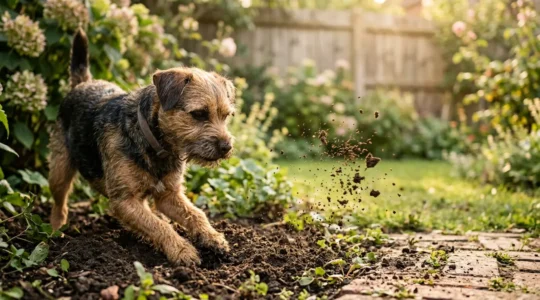 Chien fouillant activement la terre d'un jardin en quete de fraicheur ou par instinct de predation