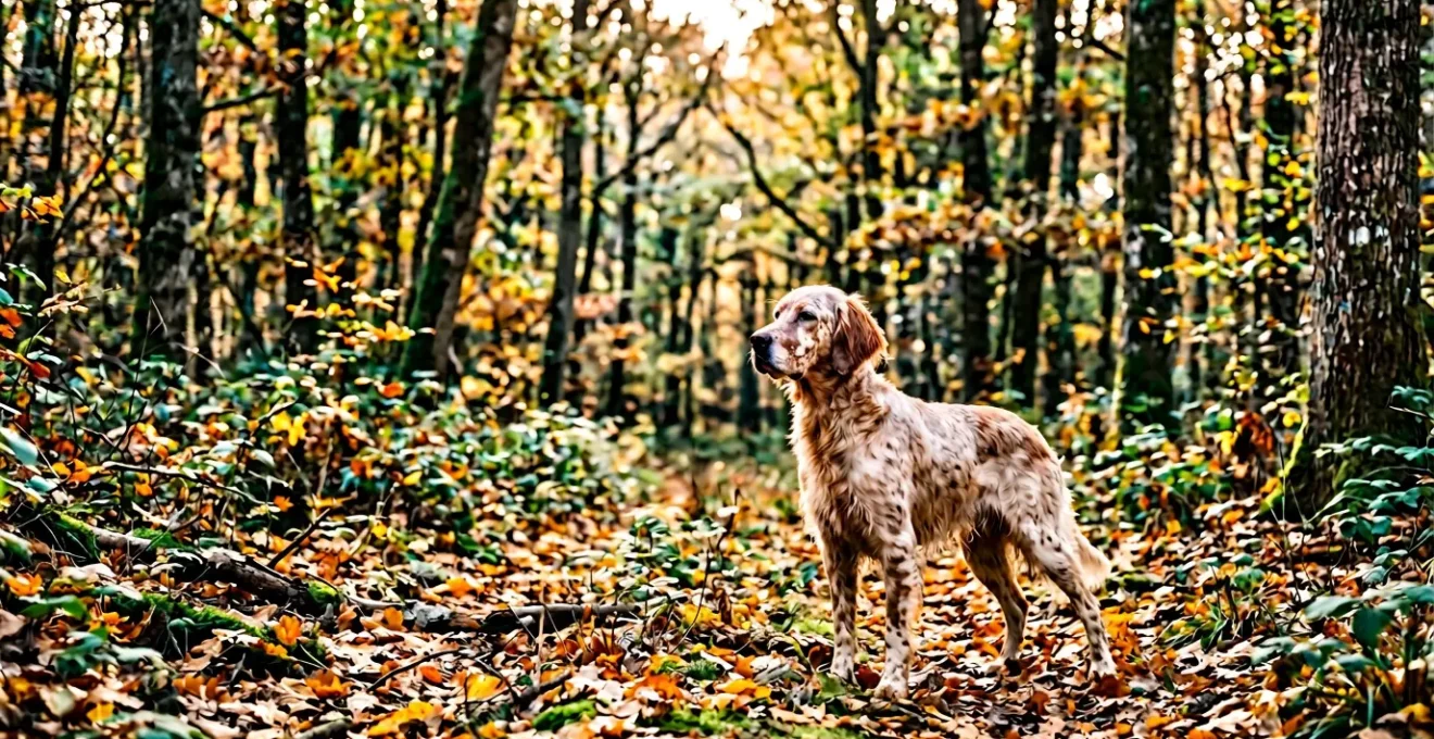 Chien de chasse en action dans un environnement forestier, symbolisant les risques et la protection nécessaire