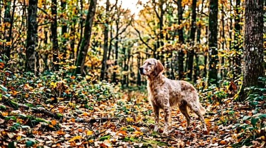 Chien de chasse en action dans un environnement forestier, symbolisant les risques et la protection nécessaire