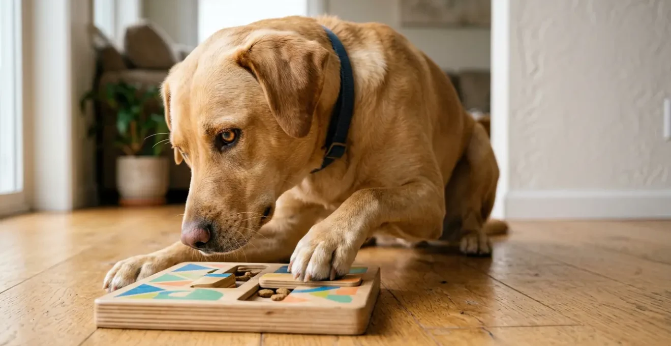 Chien concentré utilisant un jouet d'enrichissement alimentaire distributeur de croquettes sur fond neutre