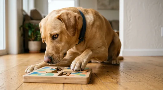 Chien concentré utilisant un jouet d'enrichissement alimentaire distributeur de croquettes sur fond neutre