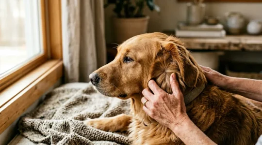 Chien après une balade en forêt, inspection minutieuse de son pelage à la recherche de tiques