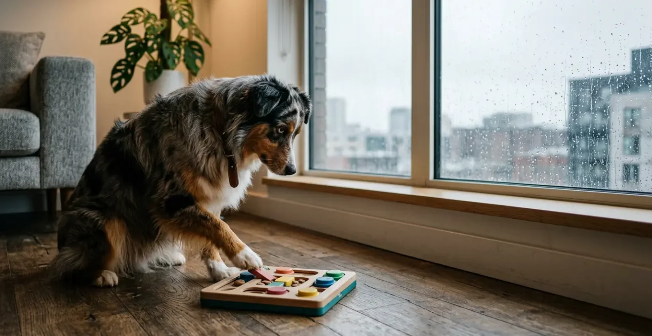 Chien actif jouant avec un jouet d'occupation dans un appartement moderne pendant une journée pluvieuse