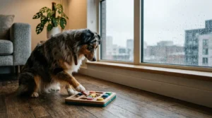 Chien actif jouant avec un jouet d'occupation dans un appartement moderne pendant une journée pluvieuse