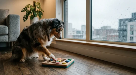 Chien actif jouant avec un jouet d'occupation dans un appartement moderne pendant une journée pluvieuse
