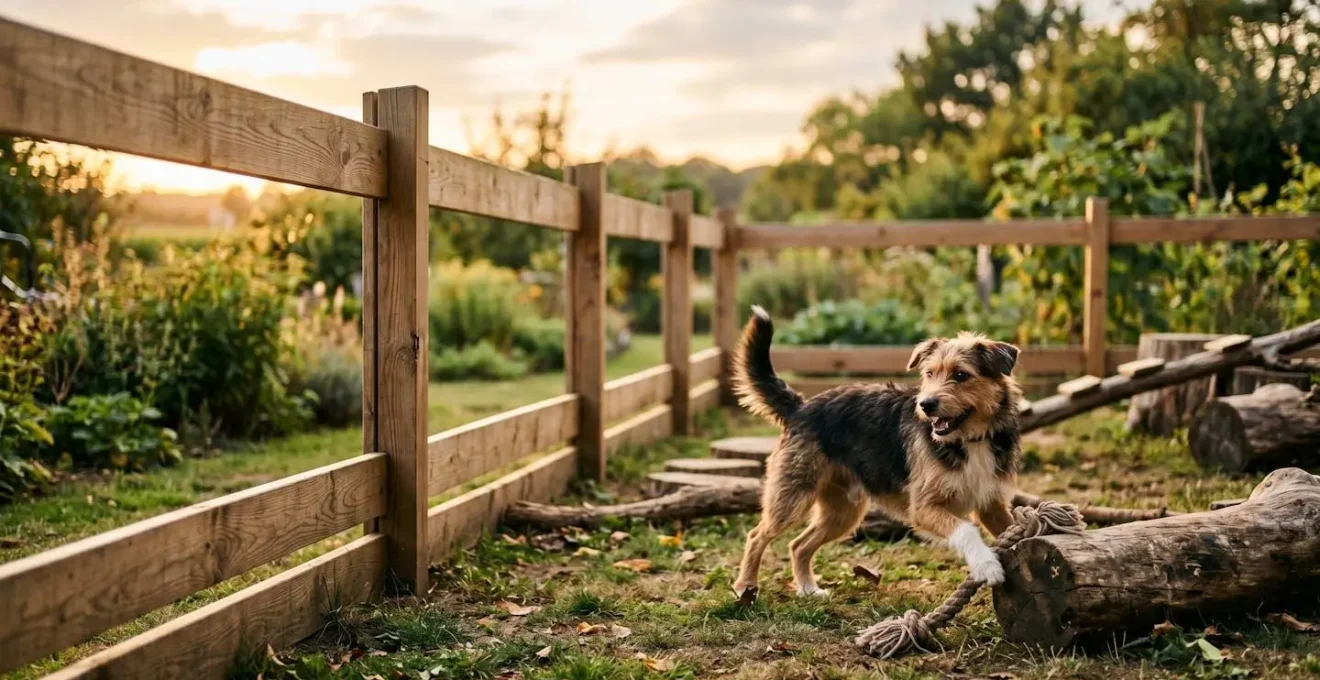 Chien joyeux jouant dans un jardin sécurisé avec une clôture visible et un environnement enrichi, symbolisant une approche positive de la sécurité.