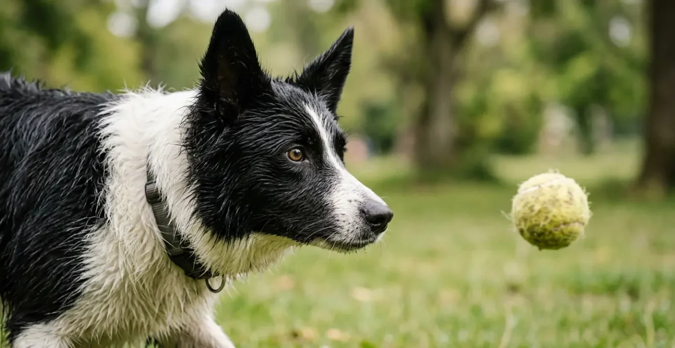 Chien Border Collie fixant intensément une balle de tennis avec un regard concentré et pupilles dilatées