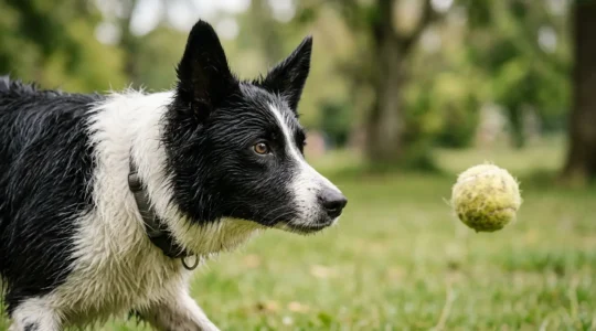 Chien Border Collie fixant intensément une balle de tennis avec un regard concentré et pupilles dilatées