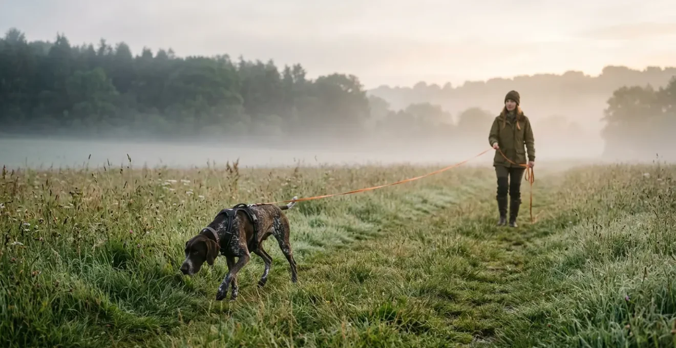 Chien en action de pistage avec son maître dans un environnement naturel