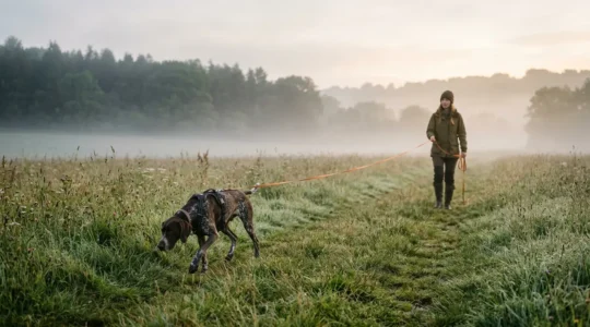 Chien en action de pistage avec son maître dans un environnement naturel