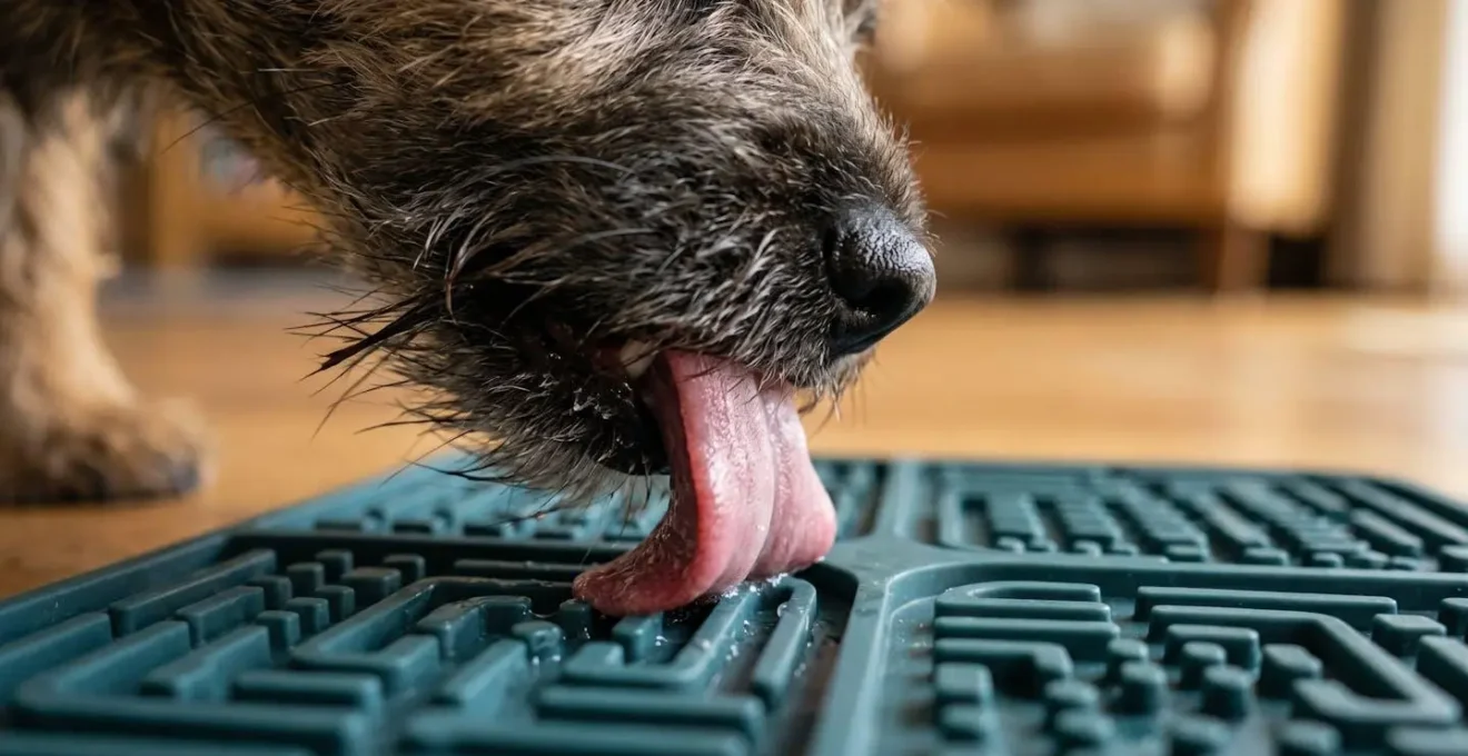 Chien détendu utilisant un tapis de léchage avec expression calme et concentrée dans un environnement apaisant