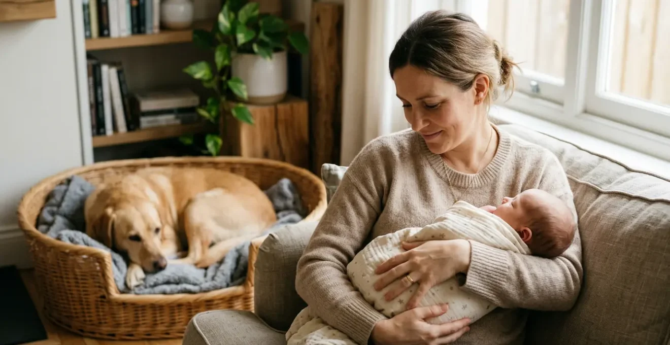 Scène paisible montrant l'harmonie entre un chien et un nouveau-né dans un environnement familial sécurisé
