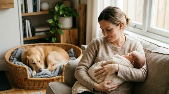 Scène paisible montrant l'harmonie entre un chien et un nouveau-né dans un environnement familial sécurisé