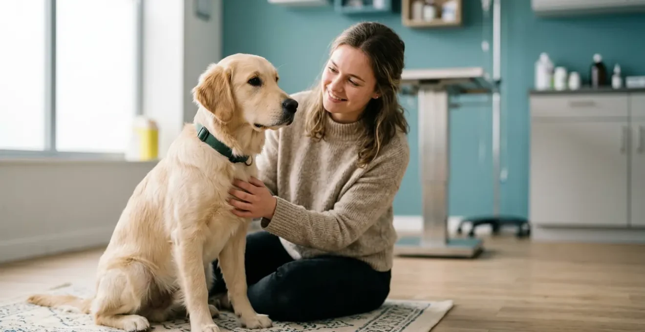Jeune chienne en bonne santé avec son propriétaire symbolisant la prévention et les soins vétérinaires responsables