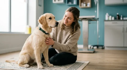 Jeune chienne en bonne santé avec son propriétaire symbolisant la prévention et les soins vétérinaires responsables