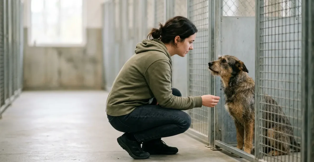 Moment authentique d'une personne observant attentivement un chien de refuge, au-delà de son apparence physique