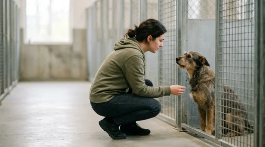 Moment authentique d'une personne observant attentivement un chien de refuge, au-delà de son apparence physique